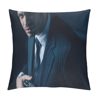 Personality  Gangster With Revolver Looking At Camera With Suspicion On Dark Background Pillow Covers