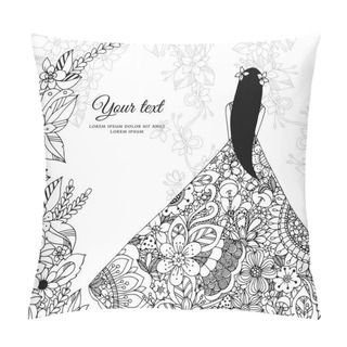 Personality  Vector Illustration Zen Tangle Girl In A Floral Dress. Doodle Flowers, Tree. Coloring Book Antis Stress For Adults. Black White. Pillow Covers