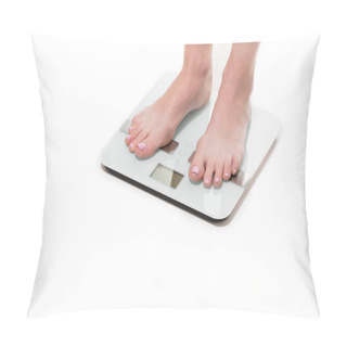 Personality  Cropped Shot Of Female Feet Standing On Scales Isolated On White Pillow Covers