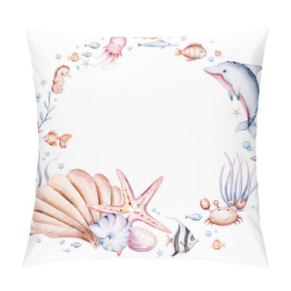 Personality  Set Of Sea Animals. Blue Watercolor Ocean Fish, Turtle, Whale And Coral. Shell Aquarium Background. Nautical Dolphin Marine Illustration, Jellyfish, Starfish Pillow Covers