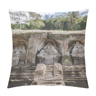 Personality  Scenic View Of Ancient Temple Complex And Royal Tombs Architecture And Green Plants Around, Bali, Indonesia Pillow Covers