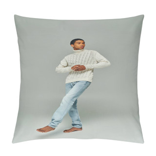 Personality  Handsome Stylish African American Man In Warm Sweater And Jeans Looking Away, Fashion Concept Pillow Covers