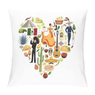 Personality  Mexico Heart With National Cuisine Food, Characters And Holiday Items, Vector Mexican Travel Banner. Cactus, Aztec Pyramid And Tequila With Pinata, Mexican Culture Or Travel Landmarks, Taco And Guitar Pillow Covers