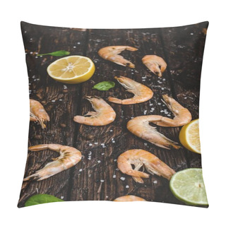 Personality  Close-up View Of Delicious Shrimp With Citrus Fruits And Basil Leaves On Rustic Wooden Table    Pillow Covers