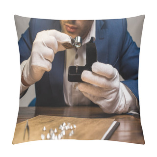 Personality  Cropped View Of Jewelry Appraiser With Magnifying Glass Examining Gemstone In Ring At Table On Grey Background Pillow Covers