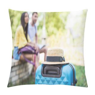 Personality  Suitcase And Straw Hat In Park Pillow Covers