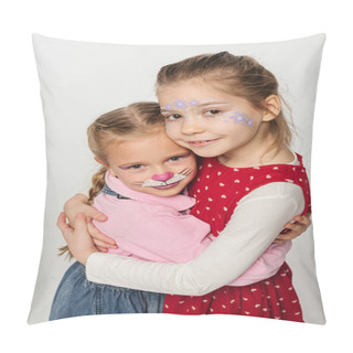 Personality  Happy Friends With Cat Muzzle And Floral Paintings On Faces Embracing While Looking At Camera Isolated On White Pillow Covers