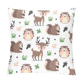Personality  Seamless Woodland Pattern With Squirrel, Hedgehog, Deer, Elk, Berry Leaves And Plants Pillow Covers