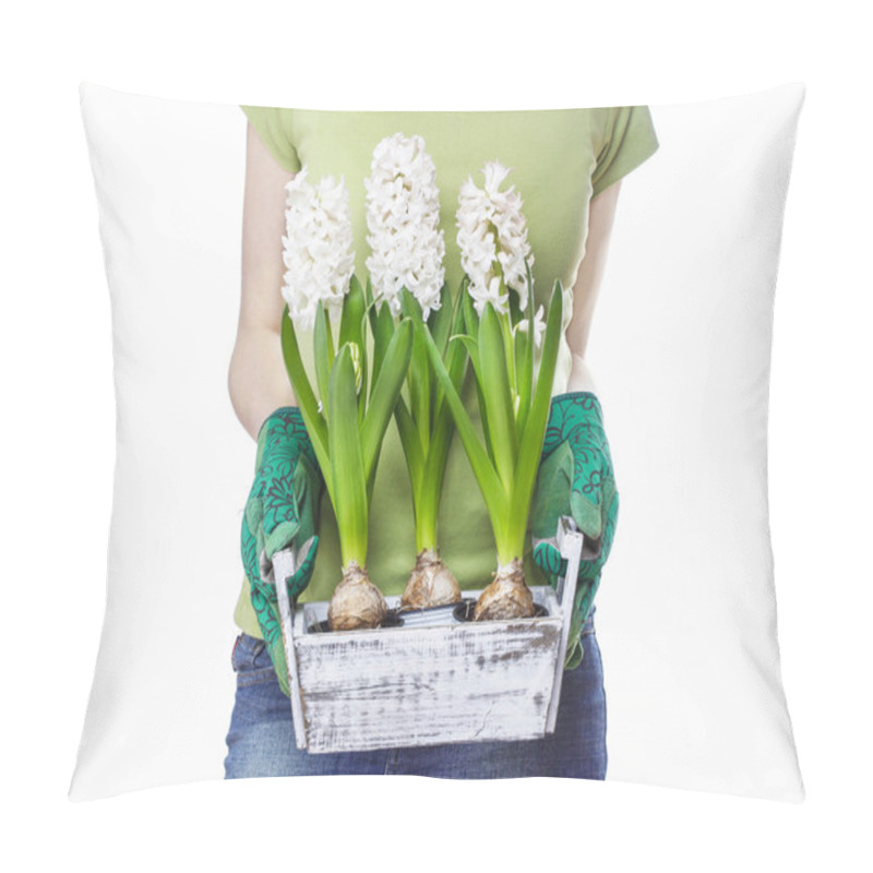 Personality  Young woman holding wooden box with hyacinth flowers isolated on pillow covers