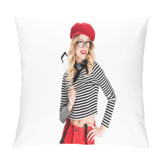 Personality  Cheerful Blonde Woman In Glasses Holding Fake Mustache On Stick Isolated On White  Pillow Covers