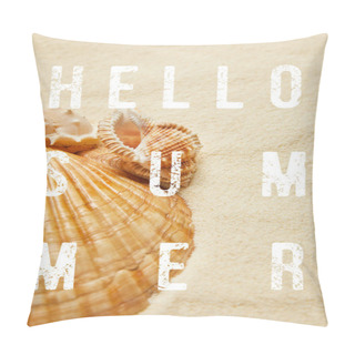 Personality  Selective Focus Of Seashells On Beach With Golden Sand With Hello Summer Illustration Pillow Covers