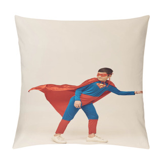 Personality  Full Length Of Happy Asian Boy In Superhero Costume With Cloak And Mask Smiling While Looking Away And Standing Against Wind During International Children's Day Holiday On Grey Background  Pillow Covers
