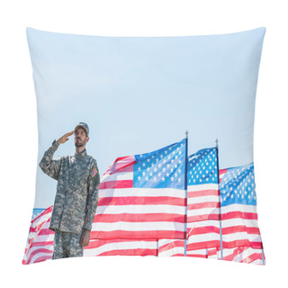 Personality  Patriotic Soldier In Military Uniform Giving Salute Near American Flags With Stars And Stripes  Pillow Covers