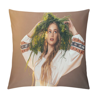 Personality  A Young Woman Adorned In A Traditional White Dress And Long Hair Flowing In A Fairy-like Manner In A Fantasy Studio Setting. Pillow Covers
