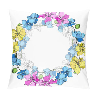 Personality  Yellow, Blue And Pink Orchids. Engraved Ink Art. Frame Floral Wreath On White Background. Pillow Covers