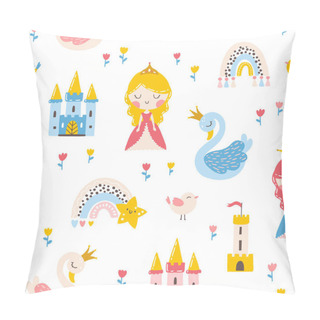 Personality  Princess Seamless Pattern With Swan, Castle, Rainbow And Flowers. Vector Illustration Of A Girl In A Fairy Kingdom In A Hand-drawn Cartoon Style. The Pastel Palette Is Ideal For Baby Clothes Textiles Pillow Covers