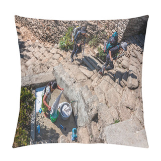 Personality  Pokhara, Nepal : Woman Washing Clothes And Hikers In Mountain Village  Pillow Covers