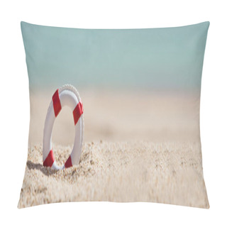 Personality  Panoramic View Of Single Lifebuoy On Sand At Beach Pillow Covers