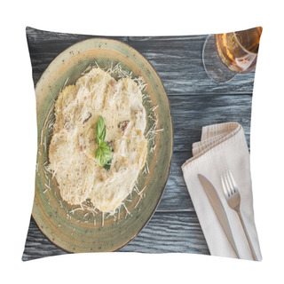 Personality  Delicious Ravioli With Spinach And Ricotta Cheese, Drink And Fork With Knife On Wooden Table  Pillow Covers