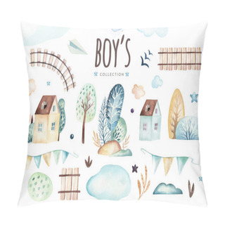 Personality  Baby Boys World. Cartoon Airplane And Waggon Locomotive Watercolor Illustration. Child Birthday Set Of Plane, Air Vehicle, Transport Elements. Baby Shower Card Pillow Covers