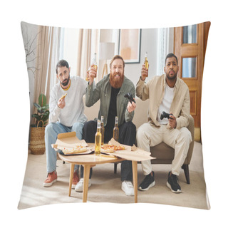 Personality  Three Handsome Men Of Different Races, Dressed Casually, Enjoy A Cozy Evening At Home, Chatting And Laughing While Holding Wine Glasses. Pillow Covers