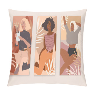 Personality  Feminine Concept Flyers. Happy Cute Girls Resting With Cat And Home Plants. Feminine Daily Life By Young Woman Concept. Fashion Illustration By Female Beauty And Mental Pillow Covers