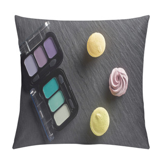 Personality  Eye Shadows Palettes With Macarons And Meringue On Dark Slate Background Pillow Covers