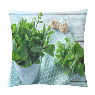 Personality  Cup With Fresh Lemon Balm On Table Pillow Covers