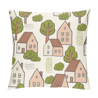 Personality  Hand Drawn Cute  Houses And Trees.  Vector  Seamless Pattern. Pillow Covers