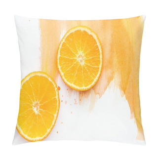 Personality  Top View Of Two Ripe Orange Pieces On White Surface With Orange Watercolor Pillow Covers