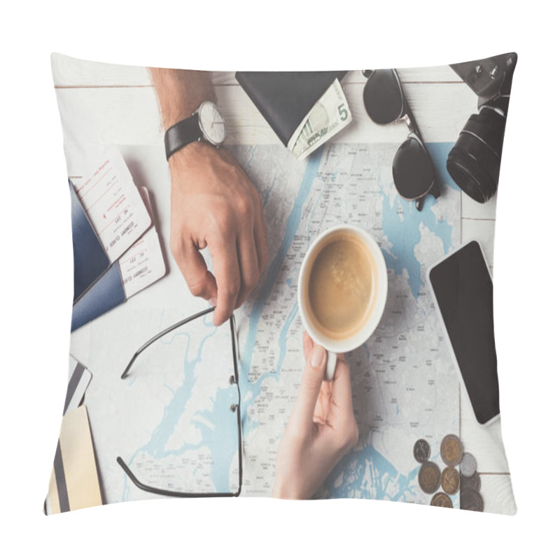 Personality  Couple planning travel with map pillow covers