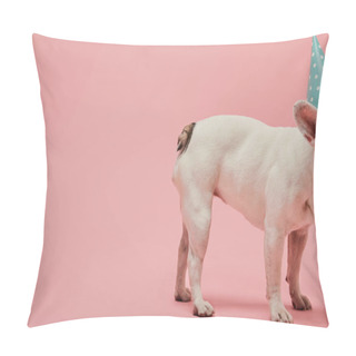 Personality  Cropped View Of French Bulldog In Blue Birthday Cap On Pink Background Pillow Covers