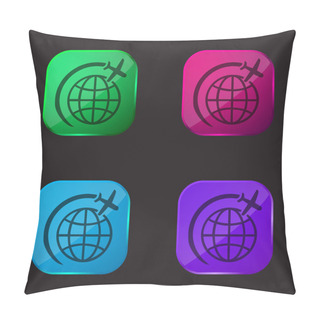 Personality  Airplane Flight In Circle Around Earth Four Color Glass Button Icon Pillow Covers
