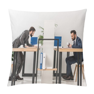 Personality  Side View Of Businessmen Working And Drinking Coffee At Working Place Pillow Covers