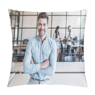 Personality  Handsome Young Businessman With Crossed Arms Smiling At Camera In Office Pillow Covers