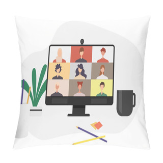 Personality  Colleagues Talk To Each Other On The Computer Screen. Conference Video Call, Working From Home Vector Design. Pillow Covers