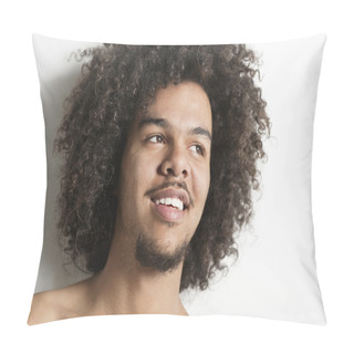 Personality  Close-up Of A Happy Young Man With Curly Hair Looking Away Over White Background Pillow Covers