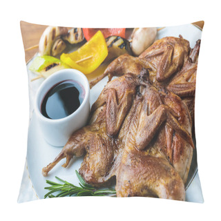 Personality  Close-up View Of Roasted Chickens With Grilled Vegetables And Sauce On Plate Pillow Covers