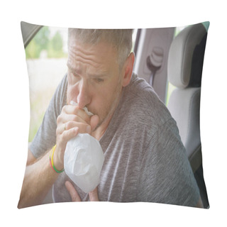 Personality  Man Suffering From Motion Sickness In A Car And Holding Sick Bag Pillow Covers