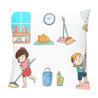 Personality  Happy Kids Cleaning The House Vector Illustration. Pillow Covers