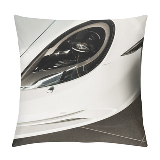 Personality  KYIV, UKRAINE - OCTOBER 7, 2019: Close Up Of Headlight Of Luxury White Porshe  Pillow Covers