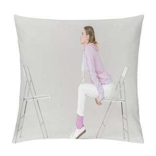Personality  Side View Of Stylish Young Woman Sitting On Chair In Front Of Another Empty Chair On White Pillow Covers