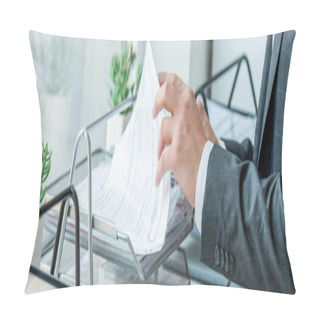 Personality  Cropped View Of Businessman Looking For Paper In Document Tray, While Standing Near Windowsill, Banner Pillow Covers
