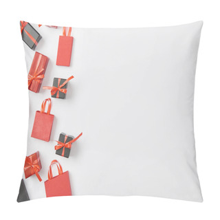 Personality  Top View Of Black And Red Presents And Shopping Bags On White Background Pillow Covers