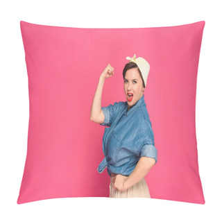 Personality  Attractive Size Plus Pin Up Woman Showing Muscles And Looking At Camera Isolated On Pink   Pillow Covers