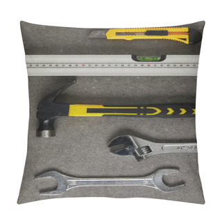 Personality  Spirit Level, Hammer, Adjustable Wrench Ans Spanner On Gray Surface Pillow Covers