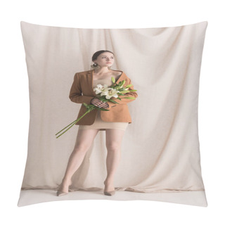 Personality  Trendy Model In Beige Dress And Blazer Standing On Curtain Background With Flowers Pillow Covers