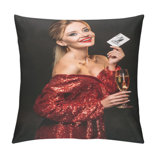 Personality  Smiling Attractive Girl In Red Shiny Dress Holding Joker Card And Glass Of Champagne Isolated On Black, Looking At Camera Pillow Covers