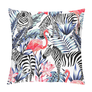 Personality  Pink Watercolor Flamingo, Zebra And Blue Palm Leaves Tropical Se Pillow Covers