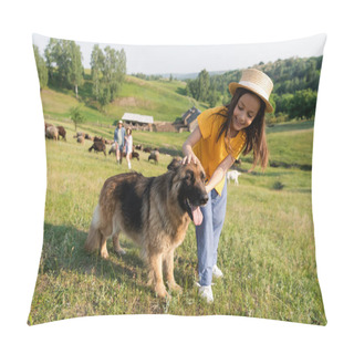 Personality  Girl In Straw Hat Cuddling Cattle Dog Near Parents Herding Livestock On Blurred Background Pillow Covers